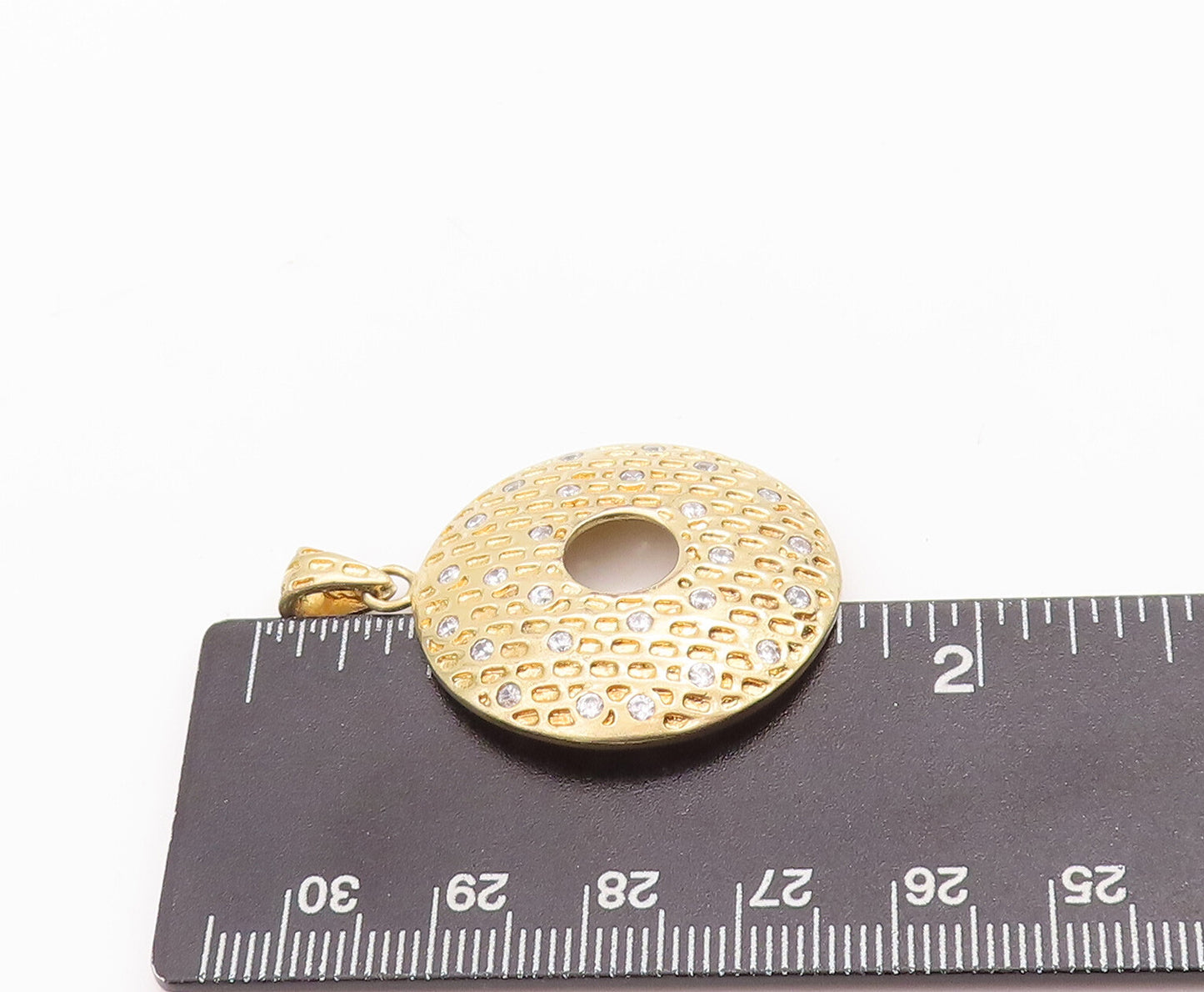 925 Sterling Silver Vintage Pendant Gold Plated Dotted CZ Inlay Disk  PT23246