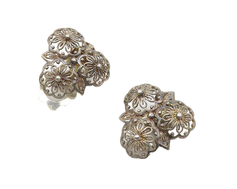 GERMANY 925 Silver  Vintage Dark Tone Floral Motif Non Pierce Earrings  EG7011