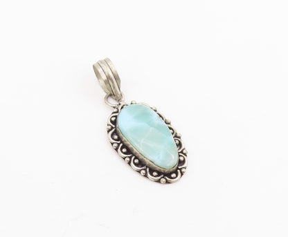 925 Sterling Silver Vintage Pendant Cabochon Larimar Scrollwork Drop  PT25790