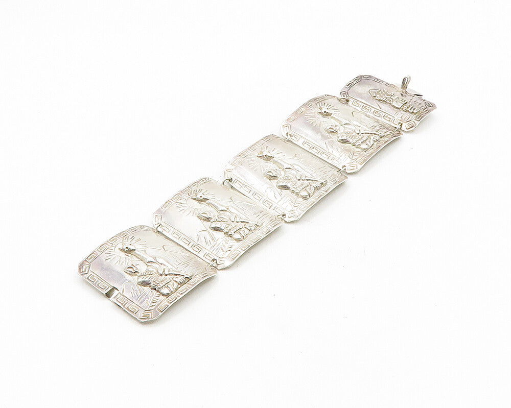 PERU 925 Silver  Vintage Shiny Camel Desert Scene Panel Chain Bracelet  BT7506
