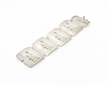 PERU 925 Silver  Vintage Shiny Camel Desert Scene Panel Chain Bracelet  BT7506