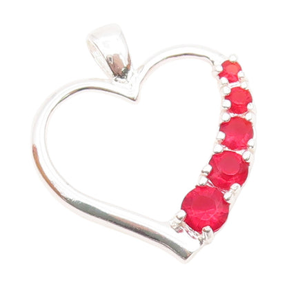 925 Sterling Silver  Vintage Red Stone Open Love Heart Shiny Pendant  PT18985