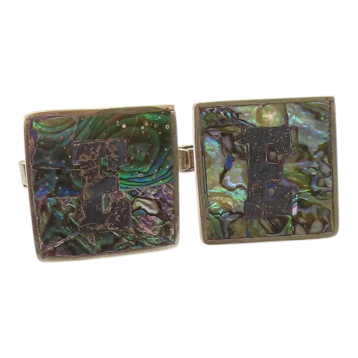 MEXICO 925 Silver  Vintage Inlaid Abalone Initial E Square Cufflinks  TR3370