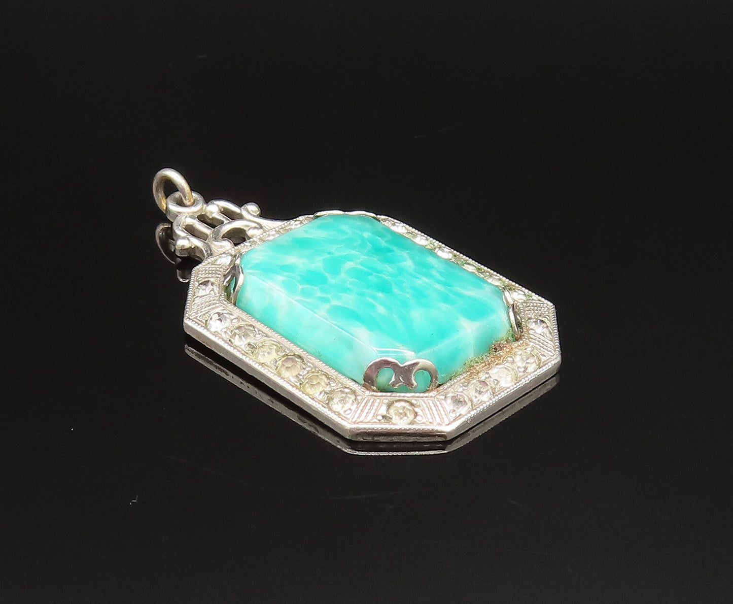 925 Silver  Vintage Victorian Amazonite & Cubic Zirconia Pendant  PT21006