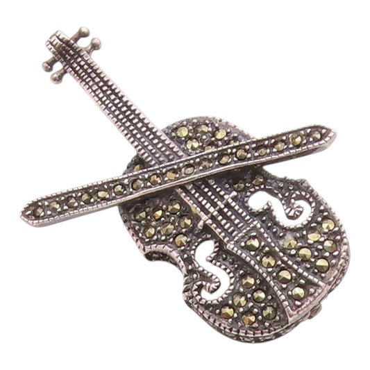 925 Sterling Silver  Vintage Marcasite Violin Music Motif Brooch Pin  BP5883