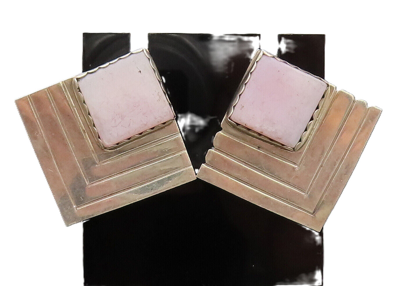 925 Sterling Silver  Vintage Brutalist Square Pink Rhodonite Earrings  EG12526