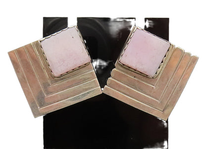 925 Sterling Silver  Vintage Brutalist Square Pink Rhodonite Earrings  EG12526
