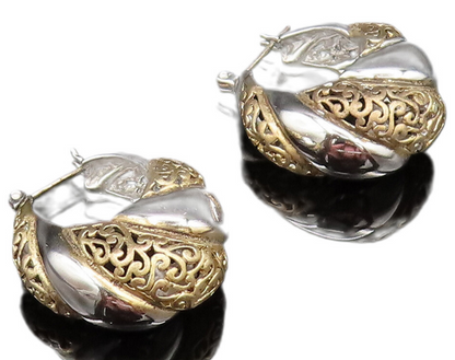925 Sterling Silver Vintage Two Tone Openwork Scroll Hoop Earrings  EG11972