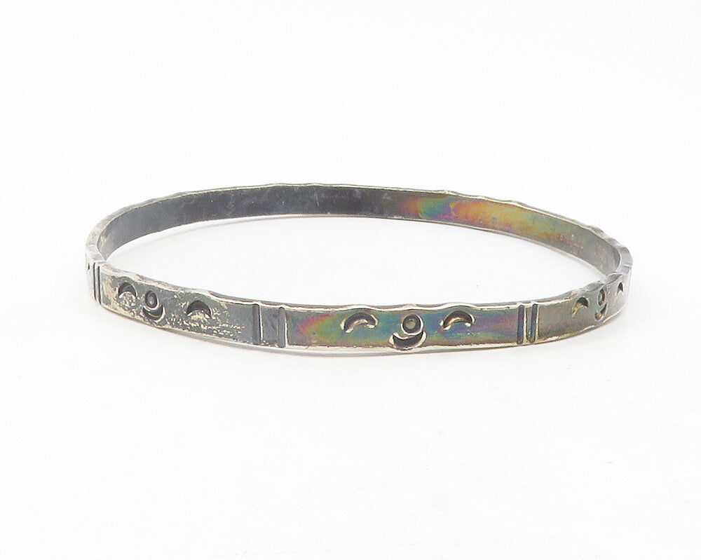 925 Sterling Silver  Vintage Crescent Moon Pattern Bangle Bracelet  BT4706