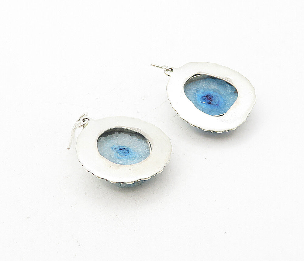 925 Sterling Silver  Vintage Blue Agate Slice Floral Dangle Earrings  EG3908