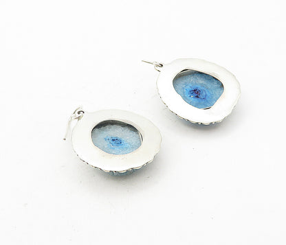 925 Sterling Silver  Vintage Blue Agate Slice Floral Dangle Earrings  EG3908