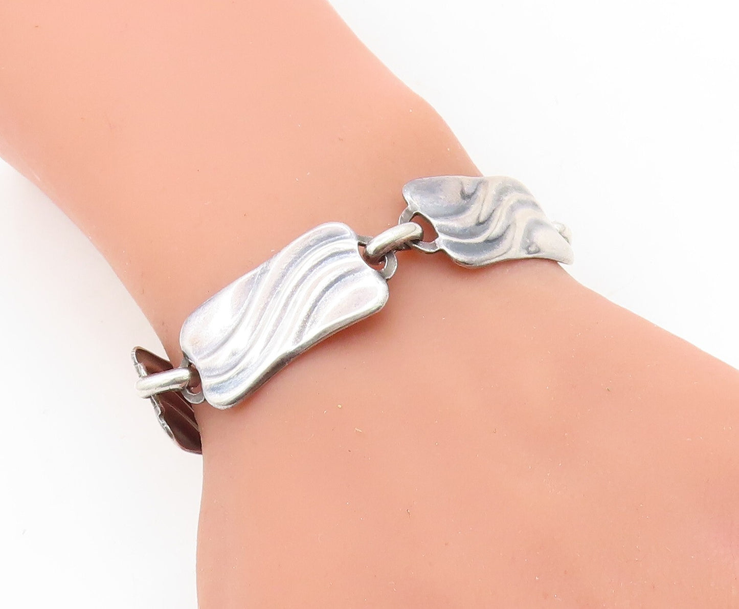 925 Sterling Silver  Vintage European Swirl Square Link Chain Bracelet BT2849