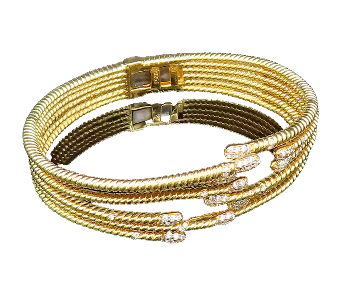 925 Silver  Vintage Ribbed Gold Plated Multi Row Topaz Bypass Bracelet  BT9558