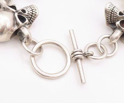925 Sterling Silver Vintage Bracelet Heavy Carved Skulls Biker Design  BT11124