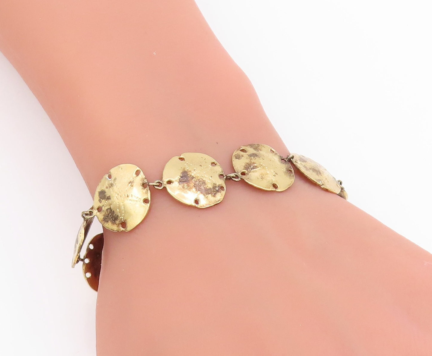 925 Sterling Silver Vintage Bracelet Gold Plated Etched Circular Link  BT11682