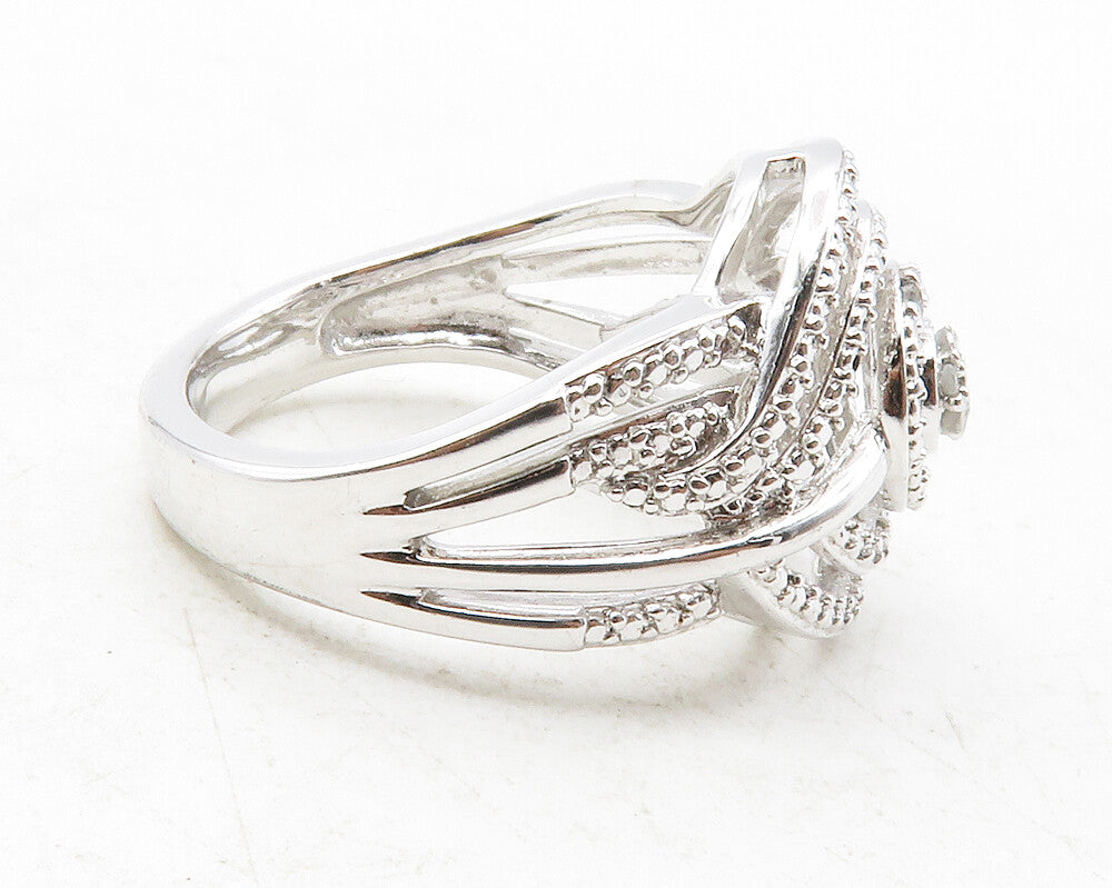 925 Sterling Silver   Genuine Diamonds Round Split Band Ring Sz 7  RG12495