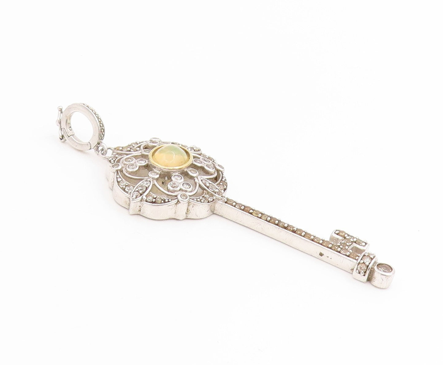 925 Sterling Silver Vintage Pendant Cabochon Opal & CZ Treasure Key  PT25644