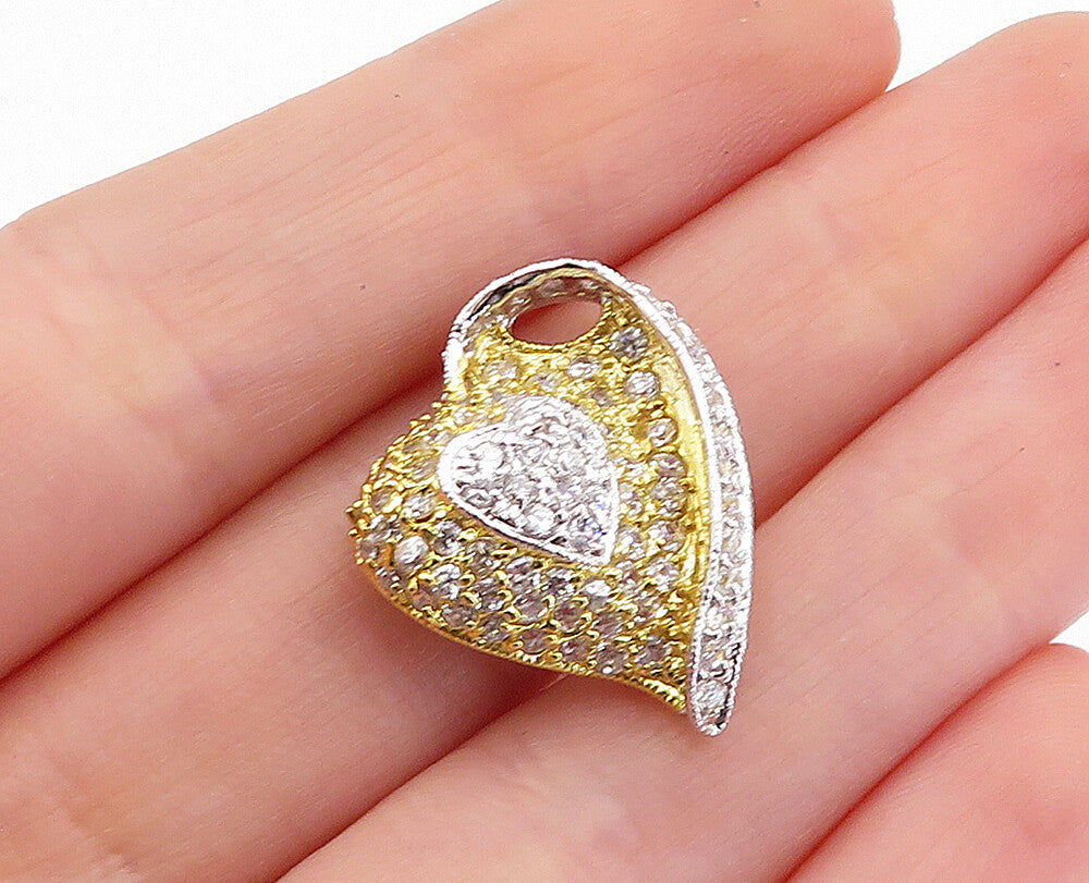 925 Sterling Silver  Shiny Cubic Zirconia Two Tone Love Heart Pendant  PT3799