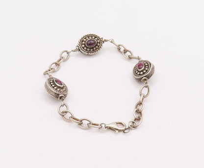 925 Sterling Silver Vintage Bracelet Beaded & Roped Oval Garnet  BT10631