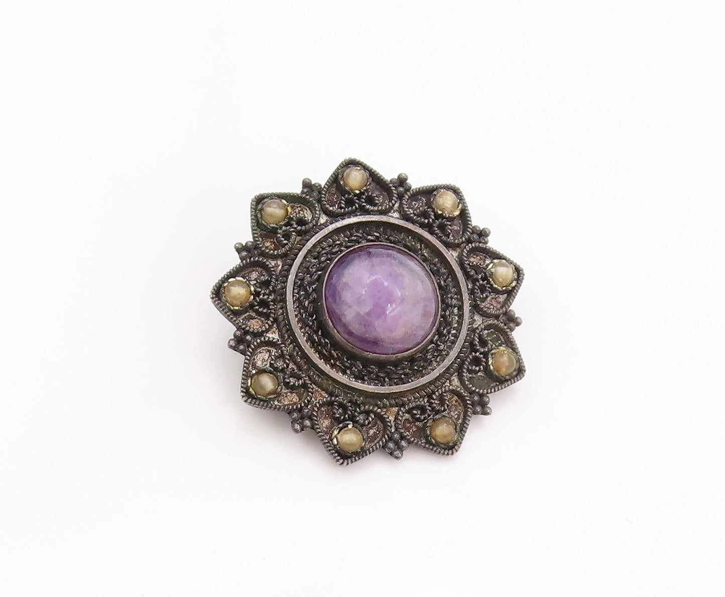 925 Sterling Silver Vintage Brooch Pin ISRAEL Antique Amethyst Gemstone  BP11565