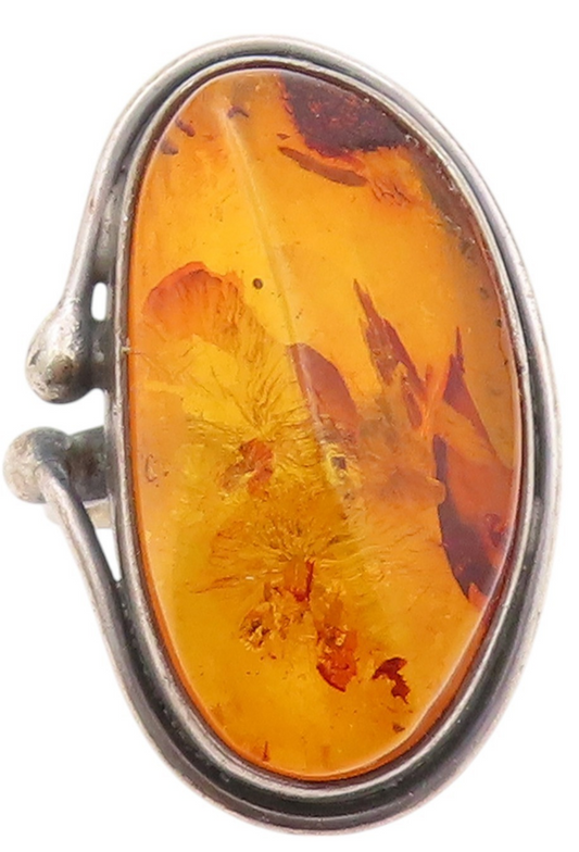 925 Sterling Silver Vintage Ring POLAND Amorphas Large Honey Amber  Sz 8 RG32716