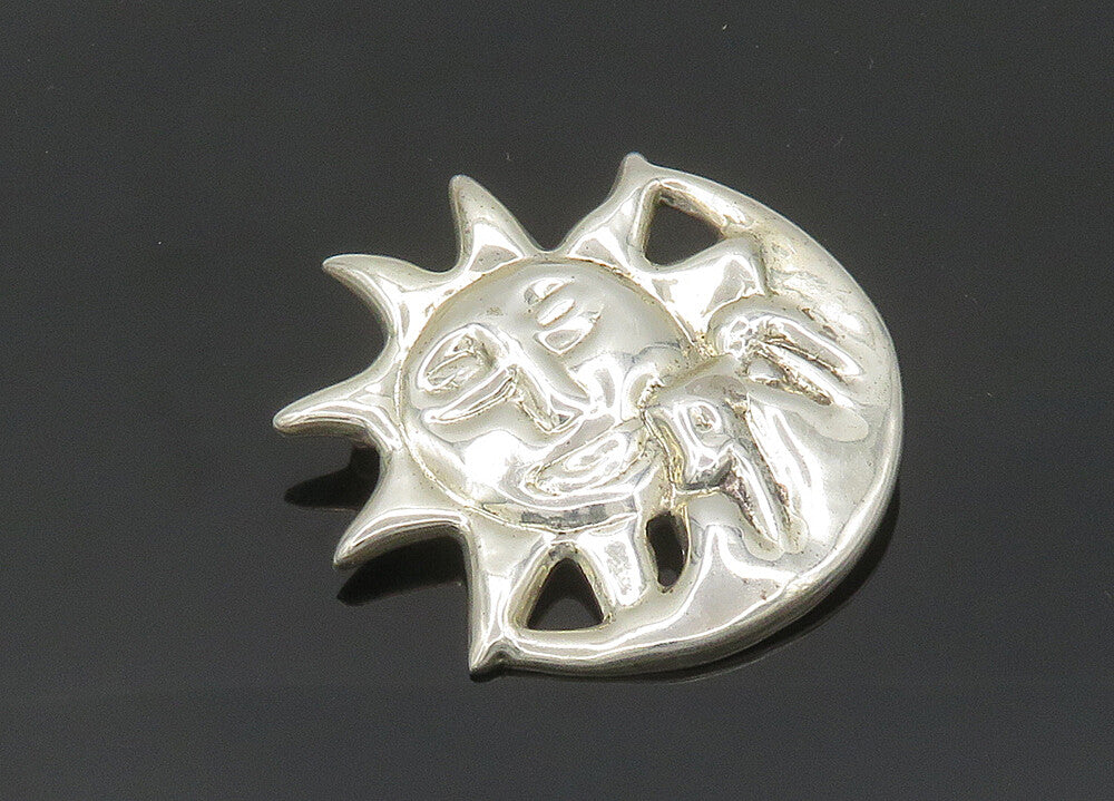 MEXICO 925 Sterling Silver  Vintage Shiny Sun & Moon Face Brooch Pin  BP7965