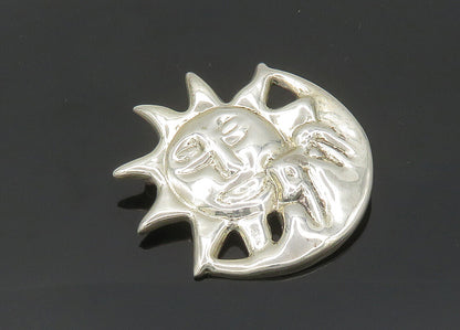 MEXICO 925 Sterling Silver  Vintage Shiny Sun & Moon Face Brooch Pin  BP7965