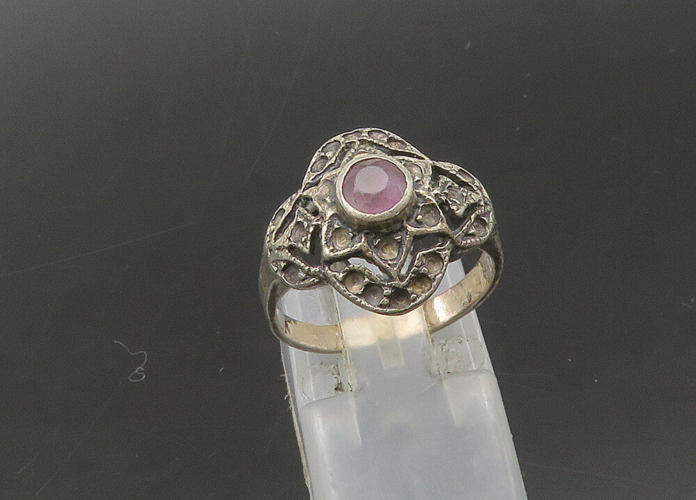 925 Sterling Silver  Vintage Amethyst Flower Dome Band Ring Sz 6  RG22065