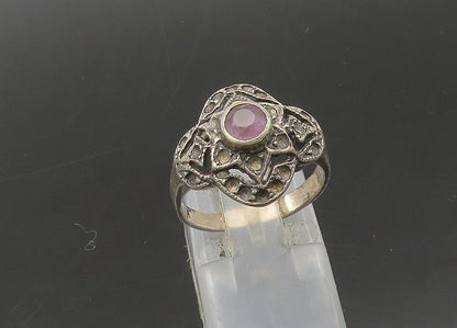 925 Sterling Silver  Vintage Amethyst Flower Dome Band Ring Sz 6  RG22065