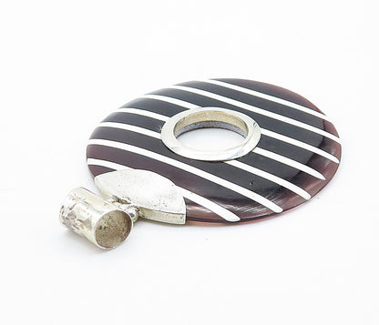 925 Sterling Silver  Brown Agate Striped Open Circle Drop Pendant  PT6093