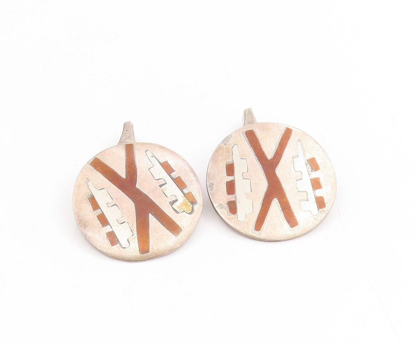925 Sterling Silver Vintage Cufflinks TAXCO Aztec Geometric Inlay Discs  TR4190