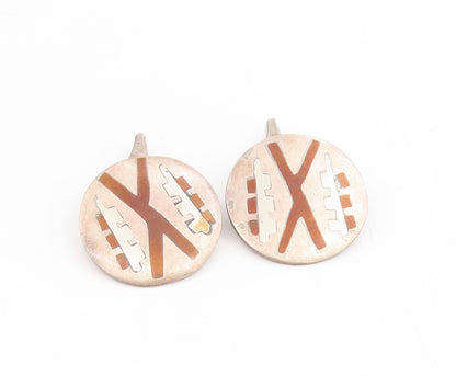 925 Sterling Silver Vintage Cufflinks TAXCO Aztec Geometric Inlay Discs  TR4190