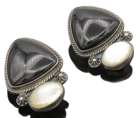 REVE 925 Silver  Vintage Onyx & Mother Of Pearl Non  Pierce Earrings  EG10289