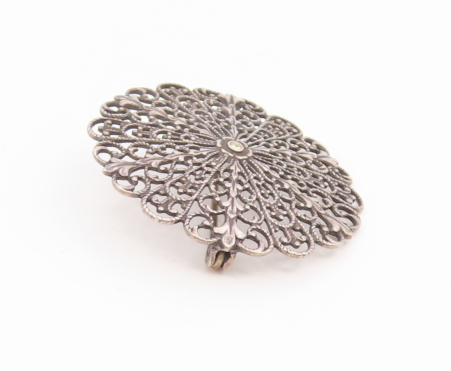 925 Sterling Silver Vintage Brooch Pin Topaz Intricate Floral Filigree  BP12384