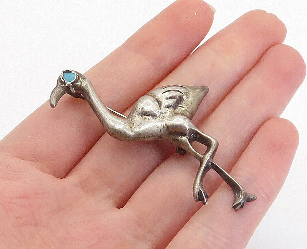 MEXICO 925 Sterling Silver Vintage Turquoise Flamingo Motif Brooch Pin BP2883