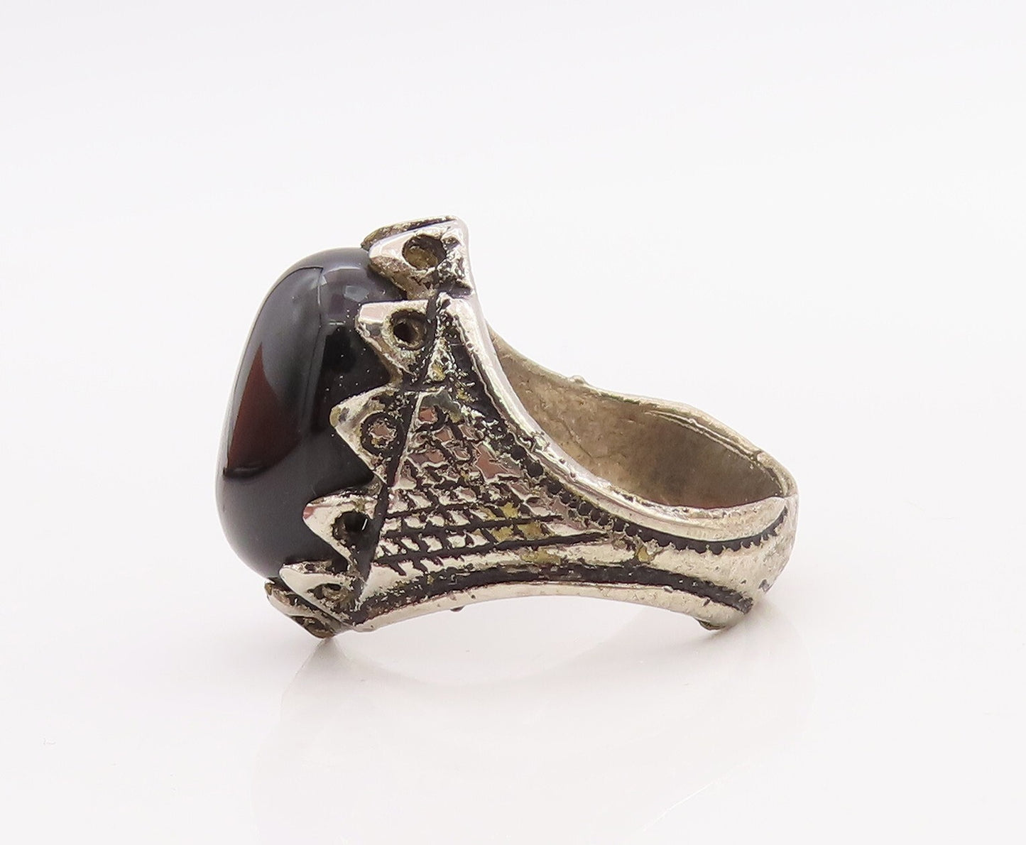 925 Sterling Silver Vintage Ring Large Carved Cabochon Onyx  Sz 11  RG28890