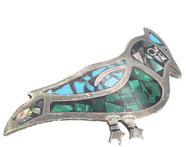 MEXICO 925 Silver Vintage Malachite Abalone & Turquoise Brooch Pin BP3287