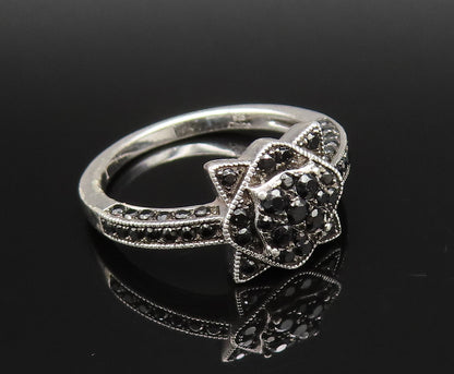 925 Silver  Vintage Shimmering Black Spinel Flower Motif Ring Sz 8  RG25701