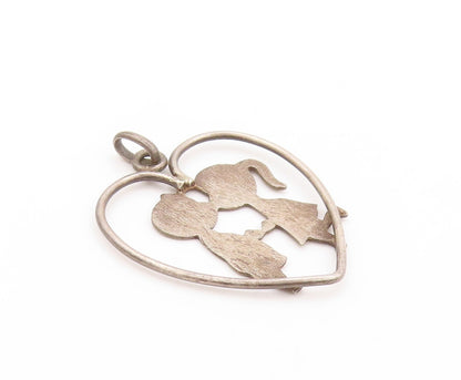 925 Sterling Silver Vintage Pendant Childhood Kissing Lovers Cut Heart  PT24224