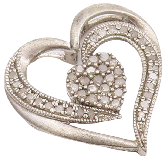925 Sterling Silver Vintage Pendant Swirly Cutout Inlay Diamonds Heart  PT23087