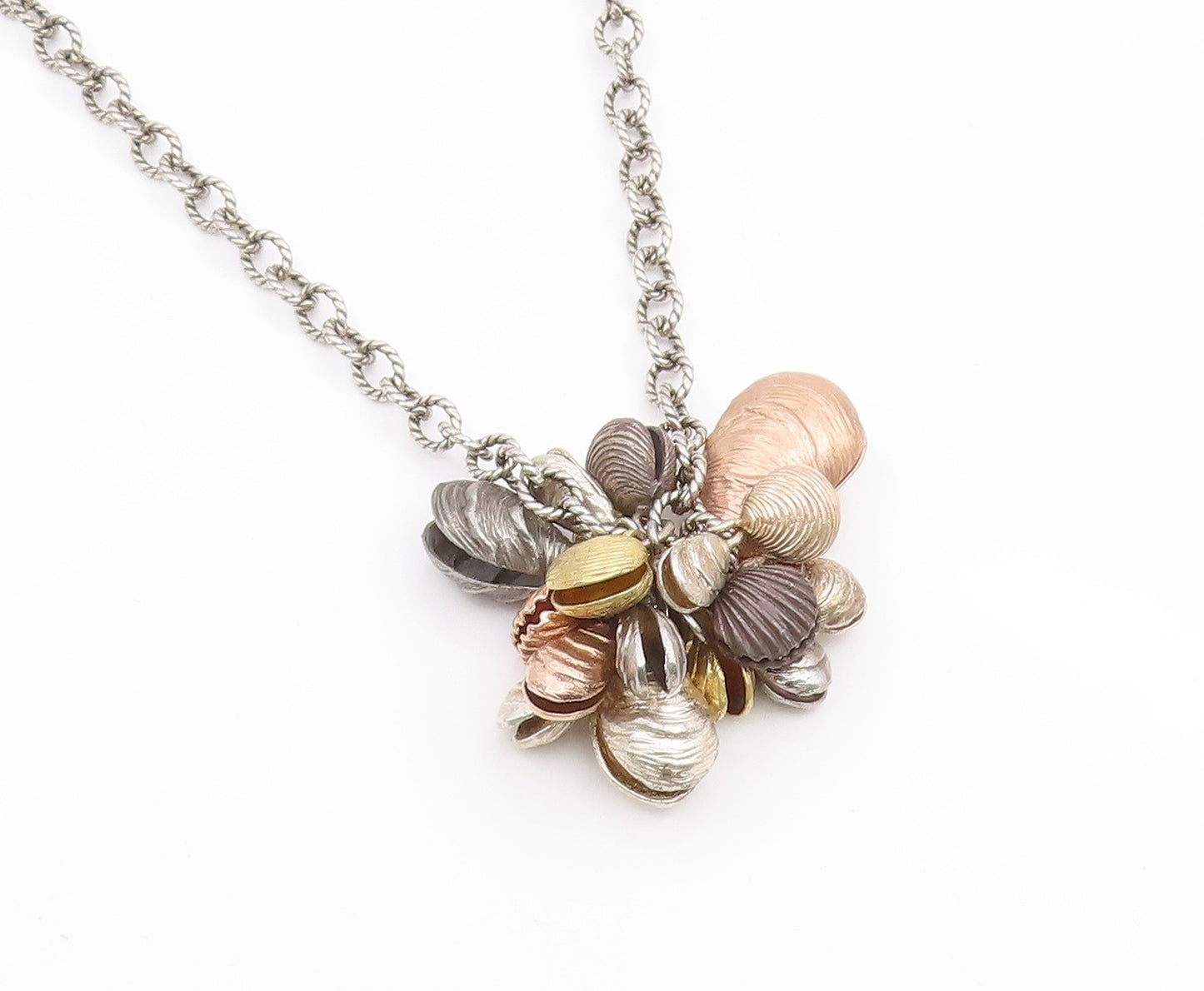 925 Sterling Silver Vintage Necklace Multi Tone Sea Shell Cluster Chain  NE4818