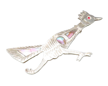 925 Silver  Vintage Etched Abalone Bird With Red Topaz Eye Brooch Pin  BP10062