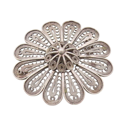 925 Sterling Silver Vintage Brooch Pin ISRAEL Dark Tone Filigree Flower  BP11566