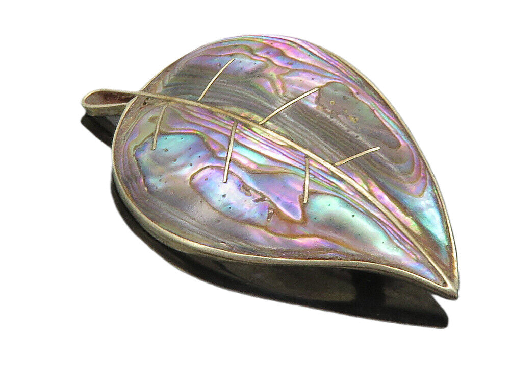 TMT MEXICO 925 Sterling Silver  Vintage Abalone Shell Leaf Brooch Pin  BP3403