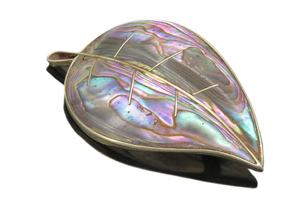TMT MEXICO 925 Sterling Silver  Vintage Abalone Shell Leaf Brooch Pin  BP3403
