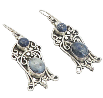 925 Sterling Silver  Vintage Cabochon Cut Lapis Lazuli Dangle Earrings  EG3445