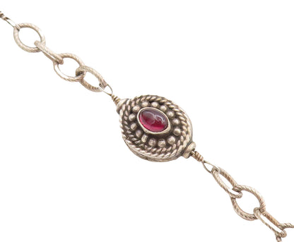 925 Sterling Silver Vintage Bracelet Beaded & Roped Oval Garnet  BT10631