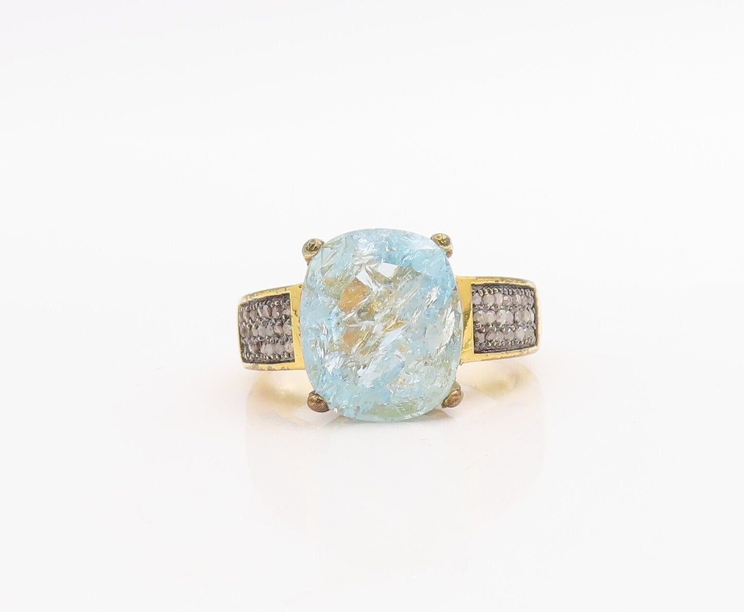 925 Sterling Silver Vintage Ring Gold Plated Diamonds Blue Topaz Sz 8.5 RG30957