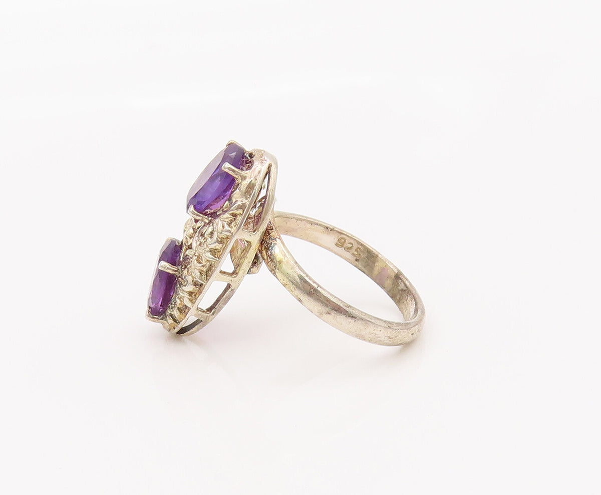 925 Sterling Silver Vintage Ring Hammered Oval Amethyst Adjustable Sz 9  RG27615