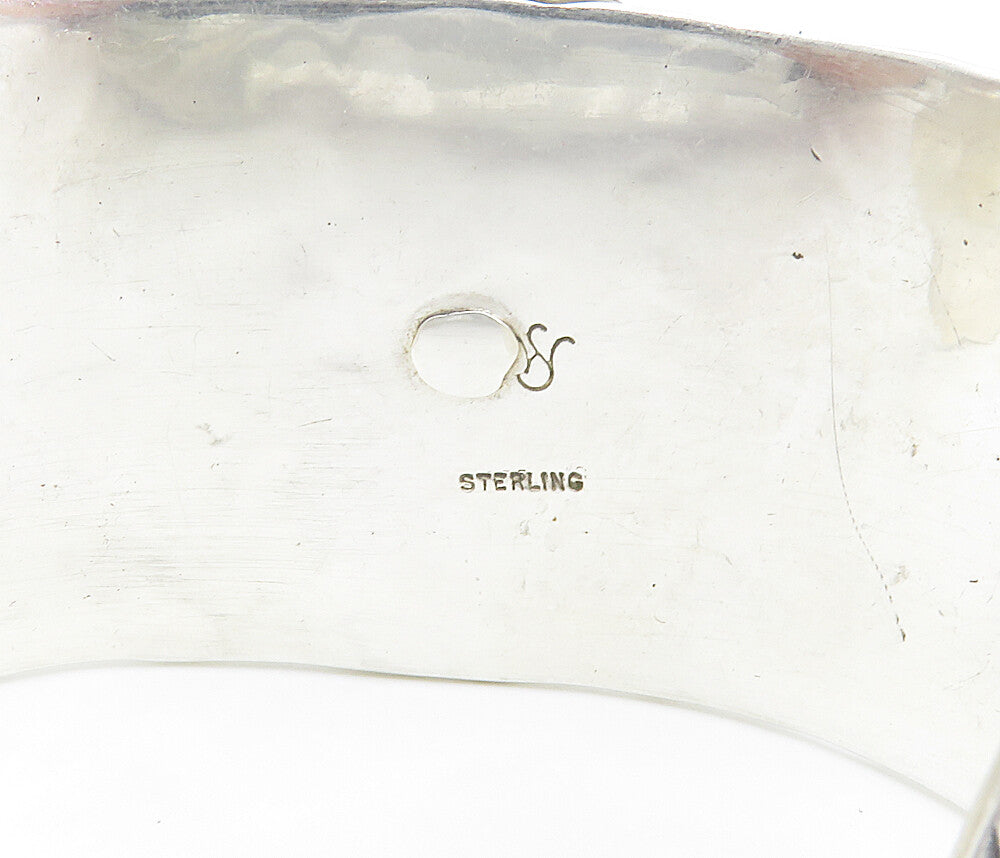 925 Sterling Silver  Vintage Two Tone Hammered Floral Cuff Bracelet  BT3442